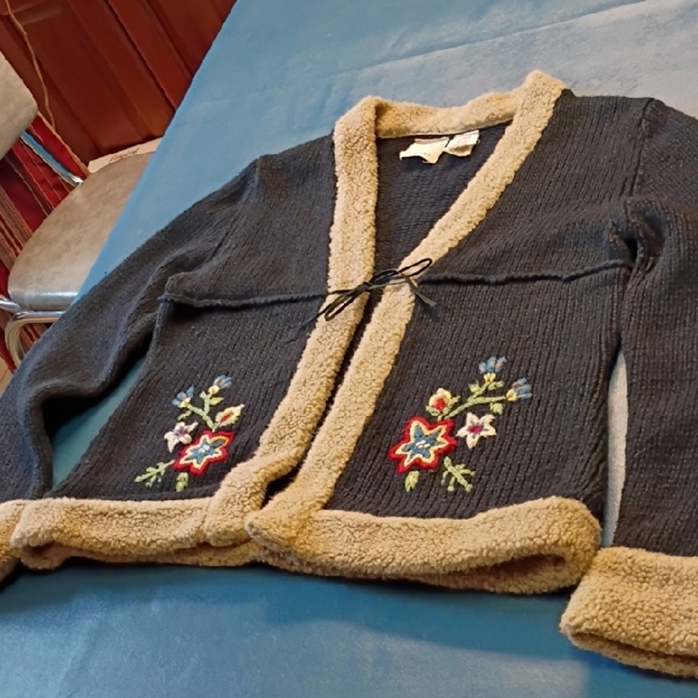 Next Era Wool Blend Charcoal Cardigan with Cream Accents Leather Tie
